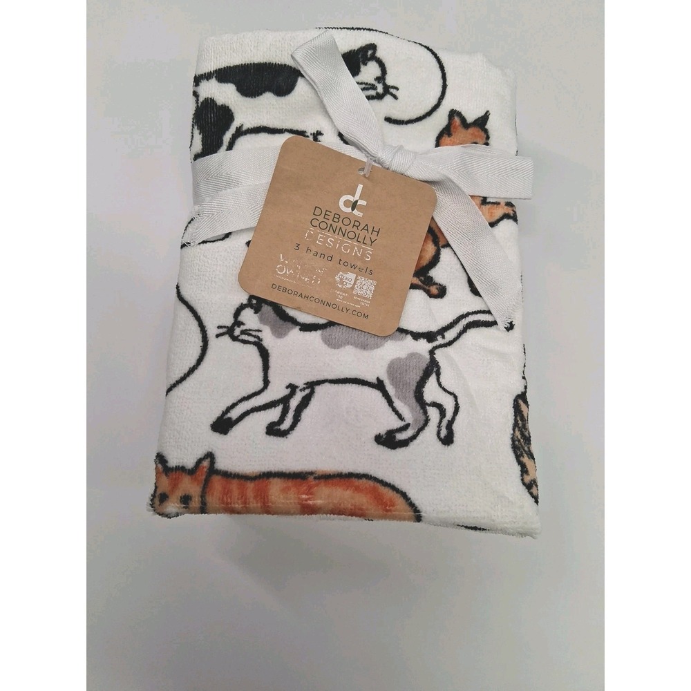 Deborah Connolly Set of 3 White Hand Towels /w Cats 16" X 28" NWT